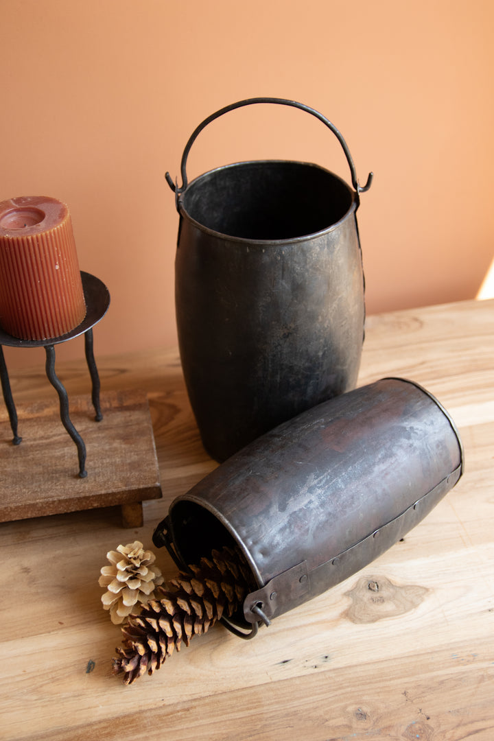 Set of 2 Hammered Recycled Iron Buckets with Handles