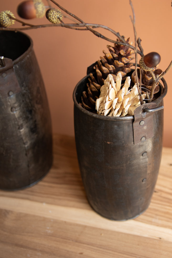 Set of 2 Hammered Recycled Iron Buckets with Handles
