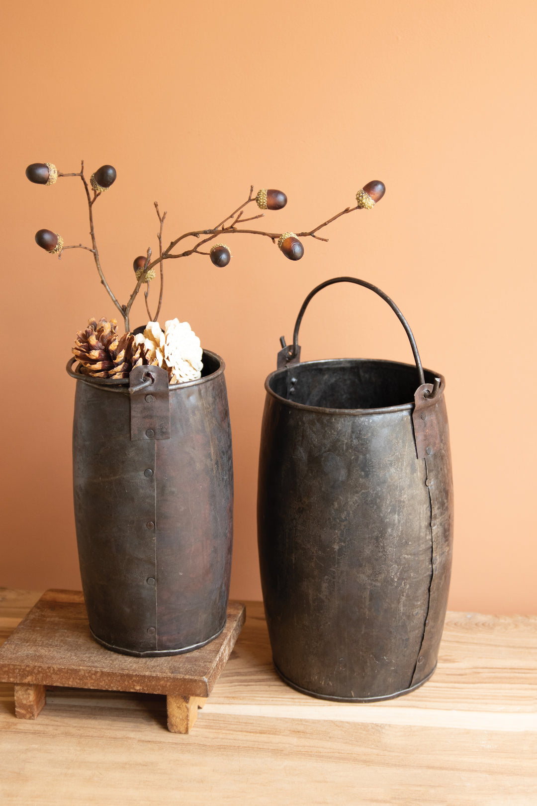 Set of 2 Hammered Recycled Iron Buckets with Handles