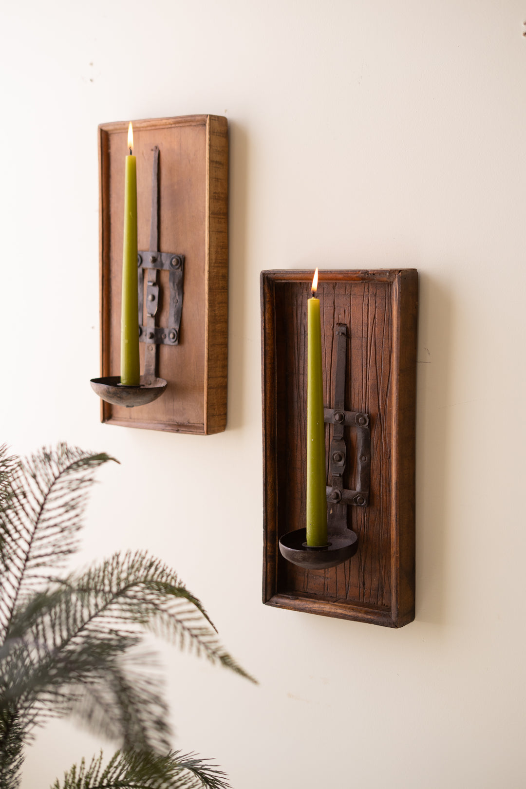 Wooden Wall Sconce with Repurposed Iron Ladle Candle Holder