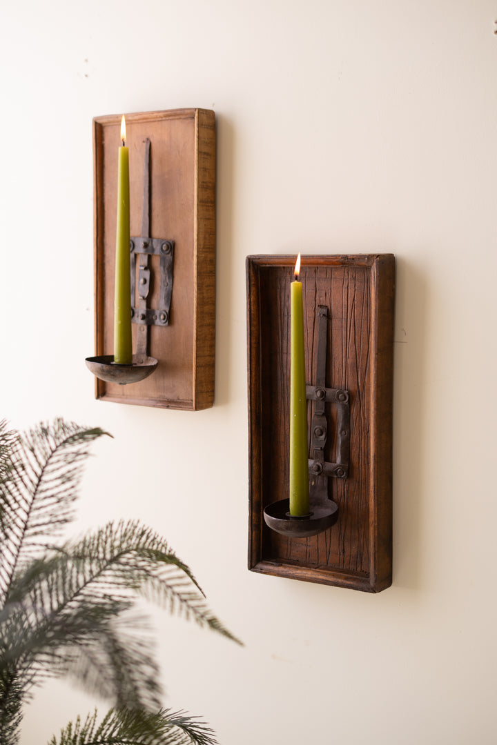 Wooden Wall Sconce with Repurposed Iron Ladle Candle Holder