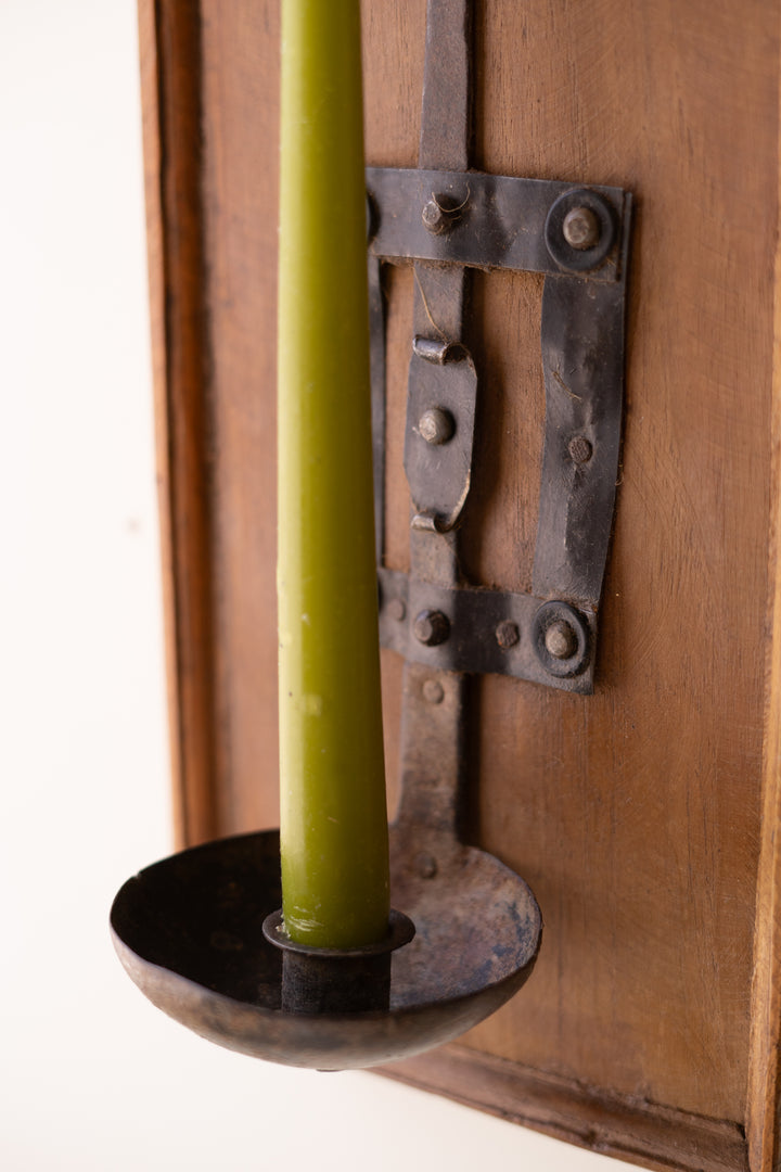 Wooden Wall Sconce with Repurposed Iron Ladle Candle Holder