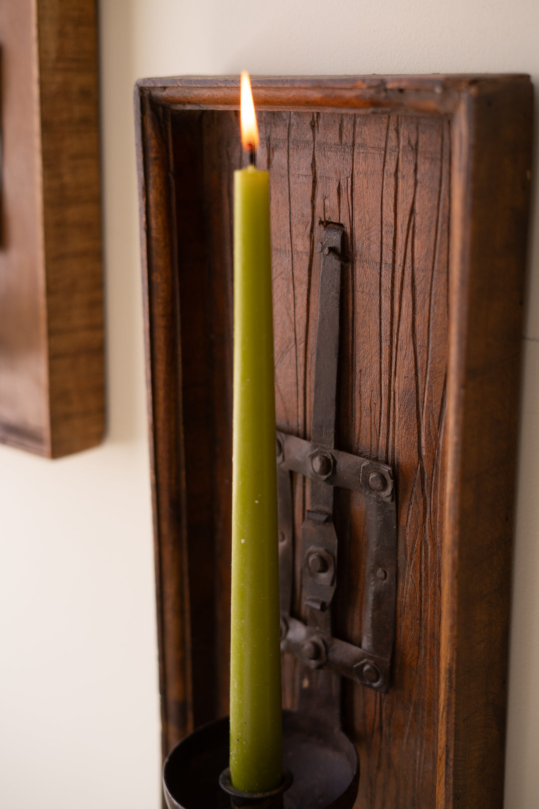 Wooden Wall Sconce with Repurposed Iron Ladle Candle Holder