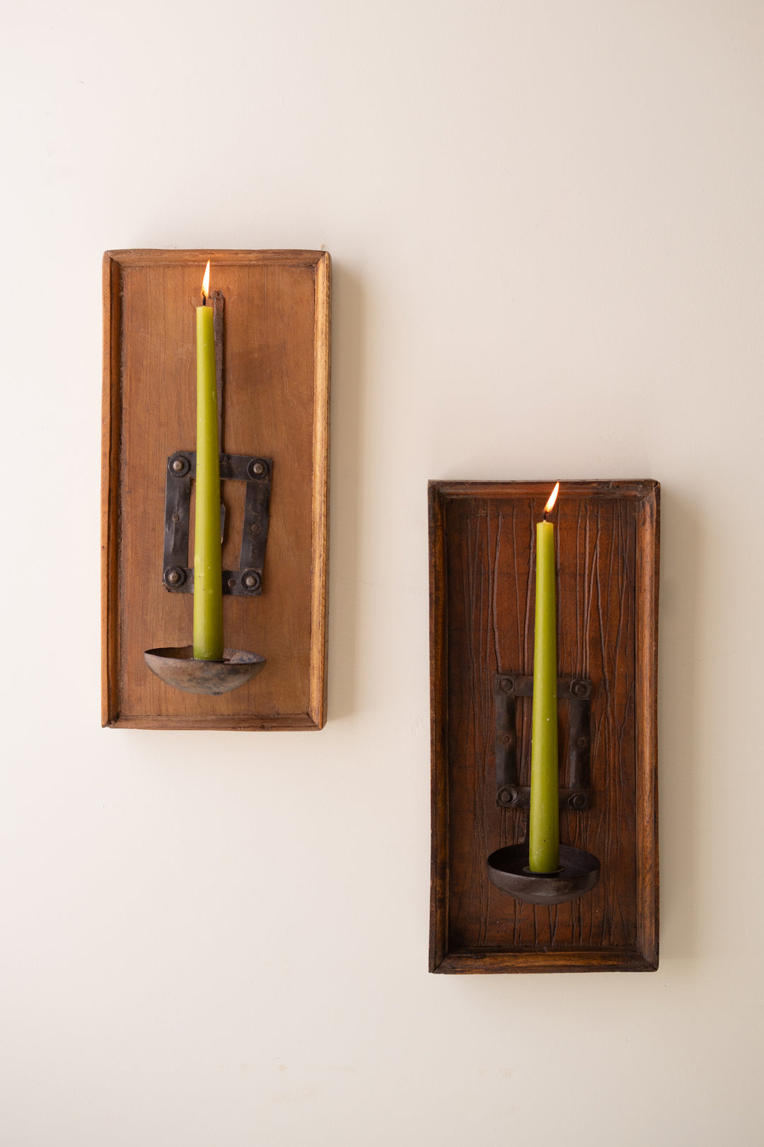 Wooden Wall Sconce with Repurposed Iron Ladle Candle Holder