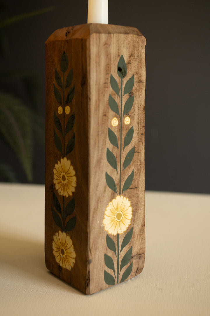 Set of 2 Hand-Painted Recycled Wood Taper Candle Holders