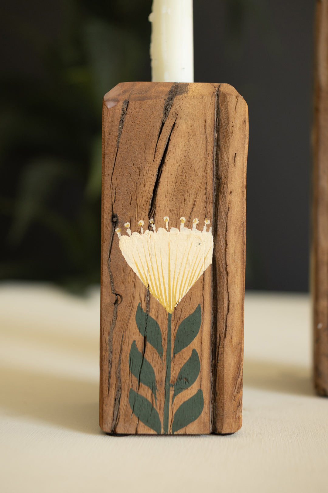 Set of 2 Hand-Painted Recycled Wood Taper Candle Holders