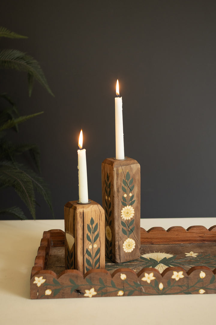 Set of 2 Hand-Painted Recycled Wood Taper Candle Holders