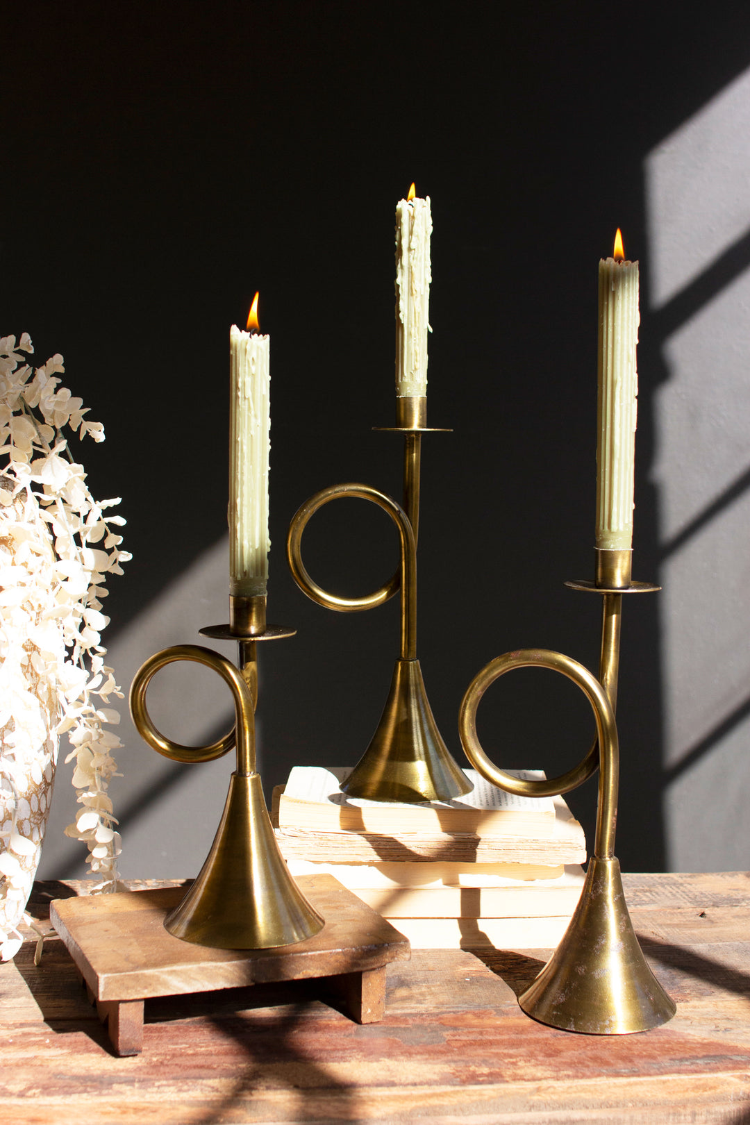 Set of 3 Antique Brass Trumpet Taper Candle Holders