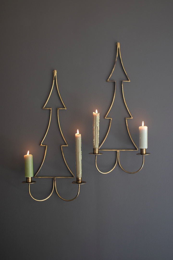 Set of 2 Antique Brass Christmas Tree Wall Candle Sconces