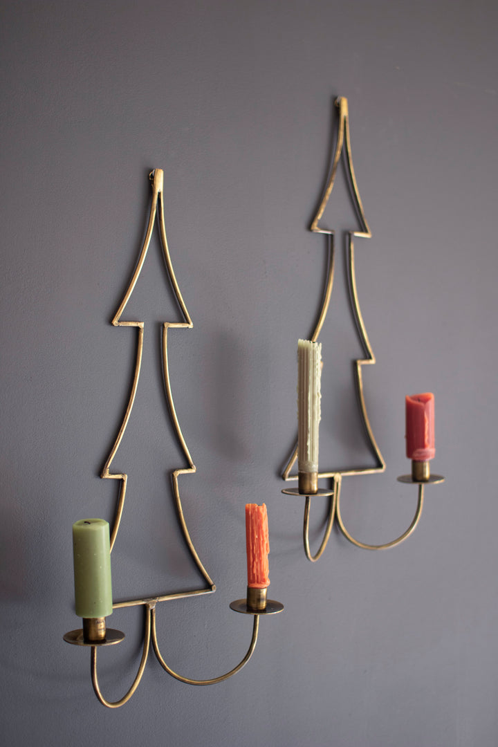 Set of 2 Antique Brass Christmas Tree Wall Candle Sconces