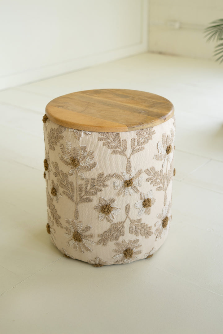 Round Embroidery Accent Table with Mango Wood Top