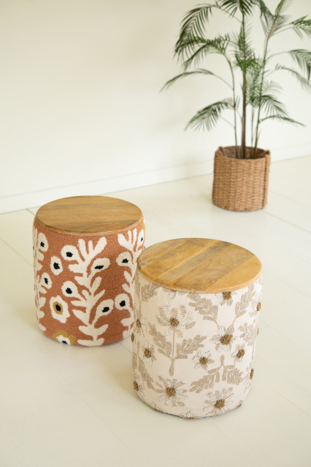 Round Embroidery Accent Table with Mango Wood Top