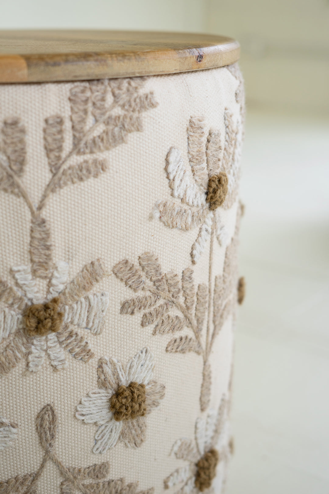 Round Embroidery Accent Table with Mango Wood Top