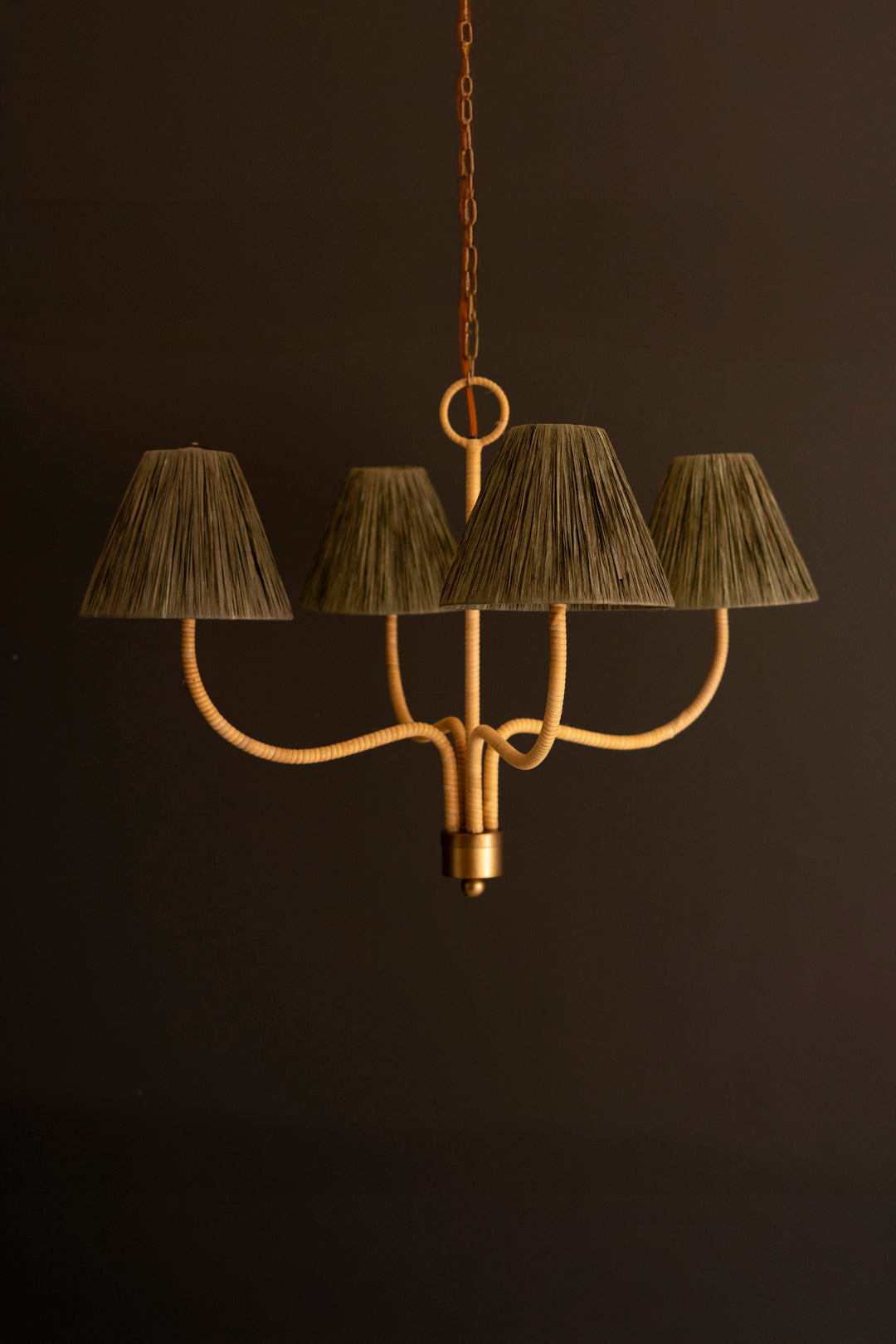 Rattan-Wrapped Chandelier with Raffia Shades