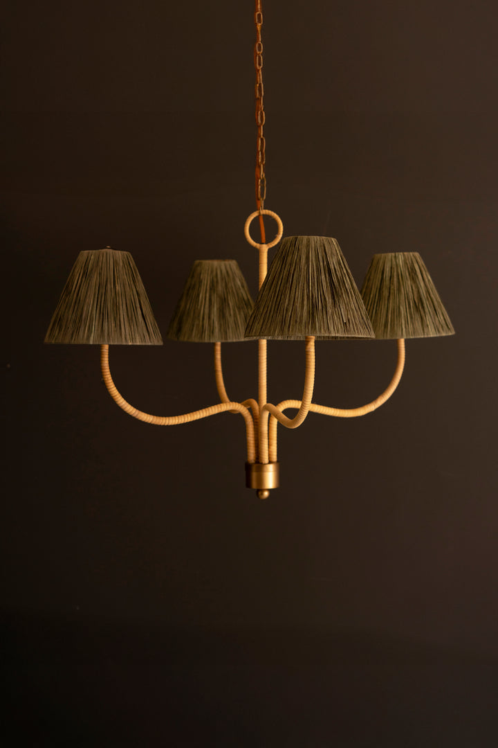 Rattan-Wrapped Chandelier with Raffia Shades