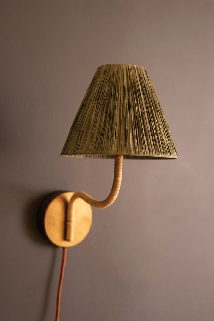 Rattan-Wrapped Wall Light with Raffia Shade