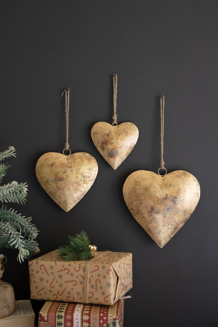 Set Of 3 Antique Gold Christmas Heart Door Hangers