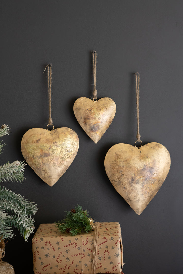 Set Of 3 Antique Gold Christmas Heart Door Hangers