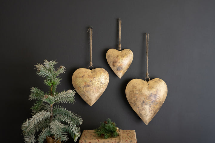 Set Of 3 Antique Gold Christmas Heart Door Hangers