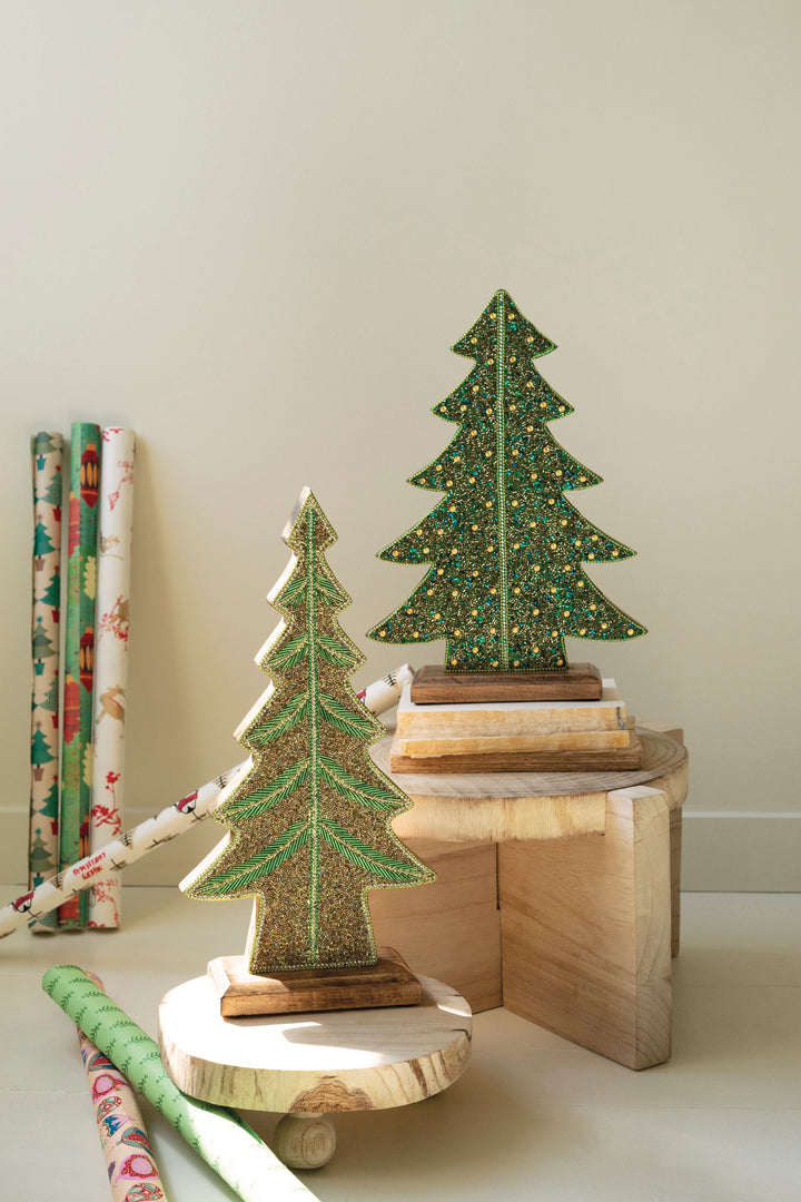 Set of 2 Beaded Wood Christmas Trees