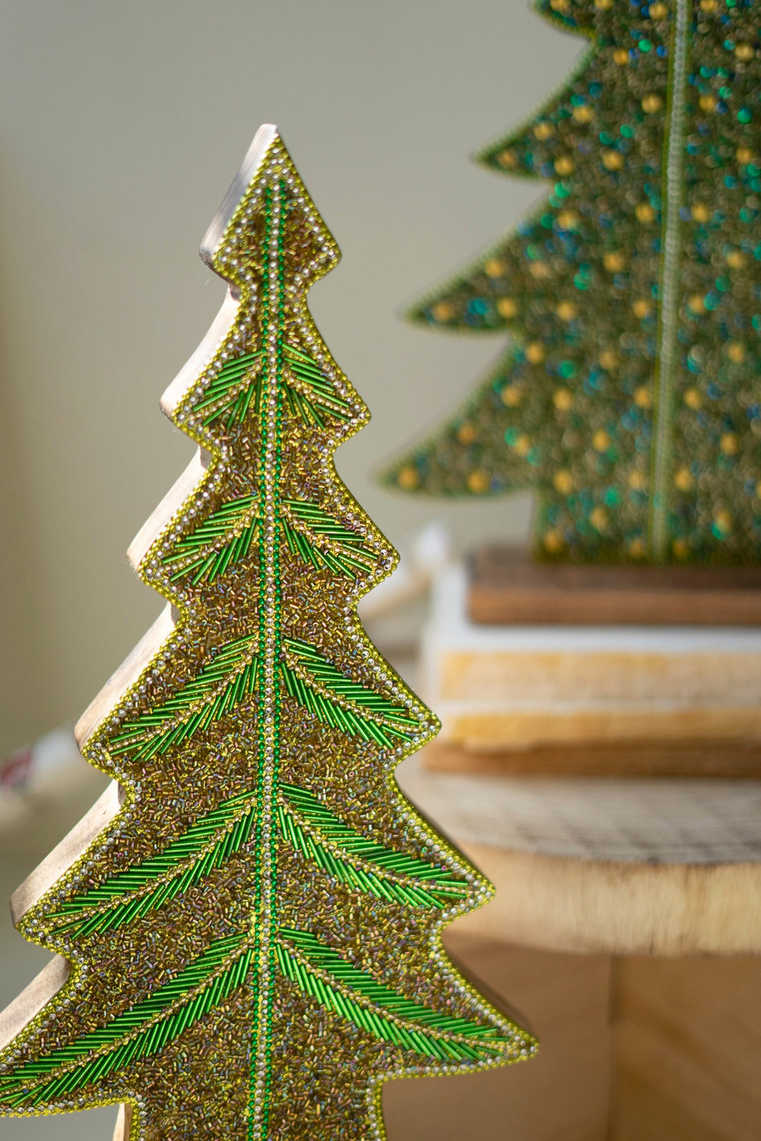 Set of 2 Beaded Wood Christmas Trees