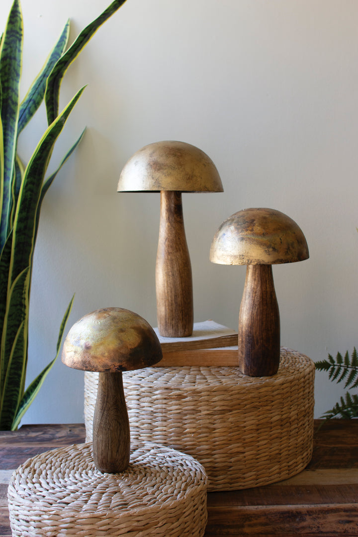 Set of 3 Antique Brass Mushrooms with Wooden Bases