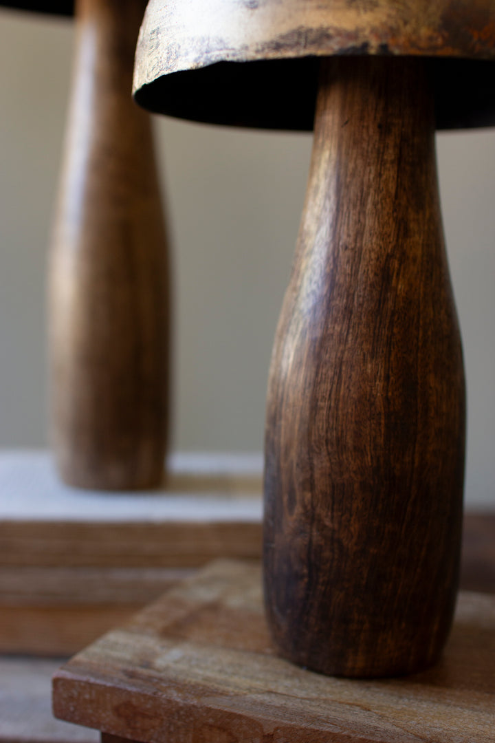 Set of 3 Antique Brass Mushrooms with Wooden Bases