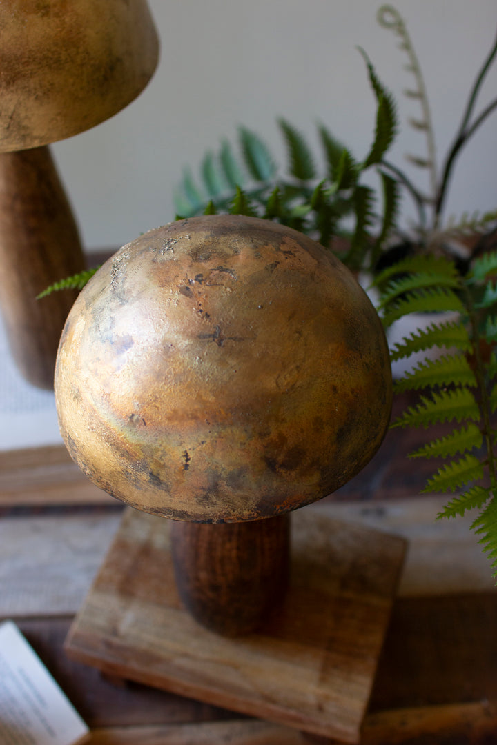 Set of 3 Antique Brass Mushrooms with Wooden Bases
