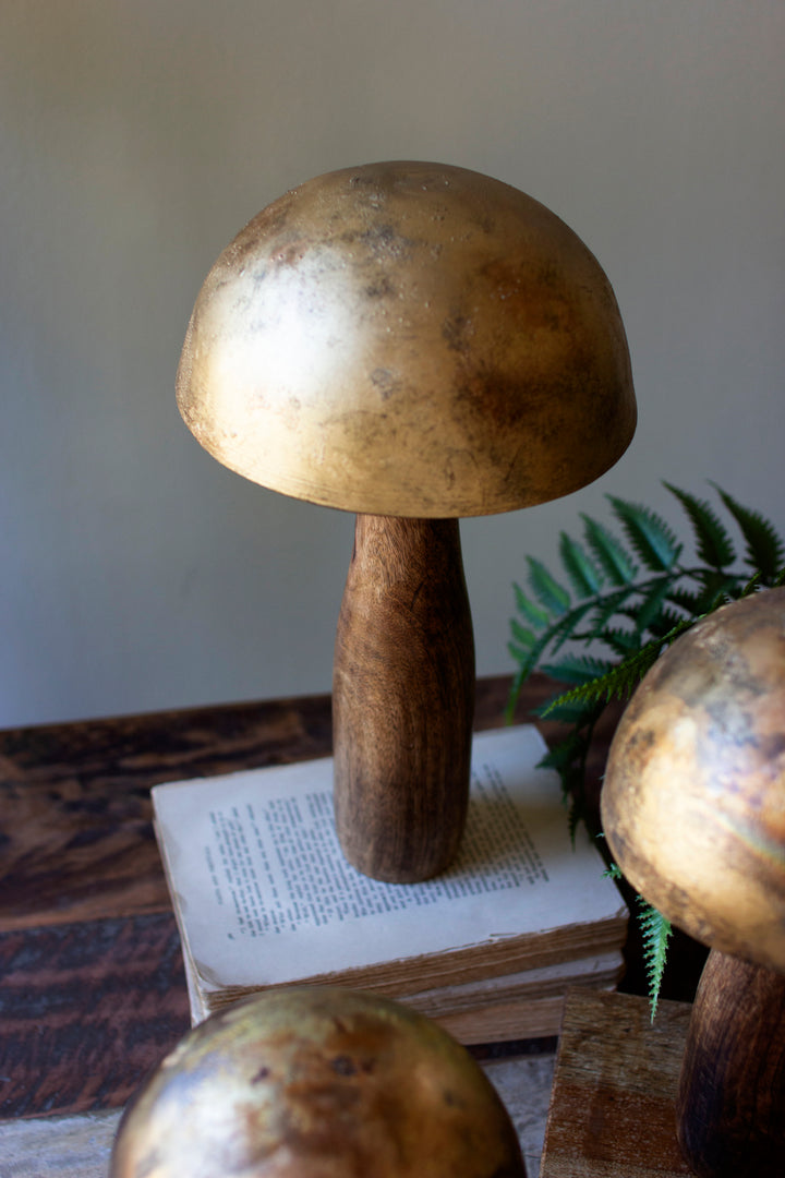 Set of 3 Antique Brass Mushrooms with Wooden Bases