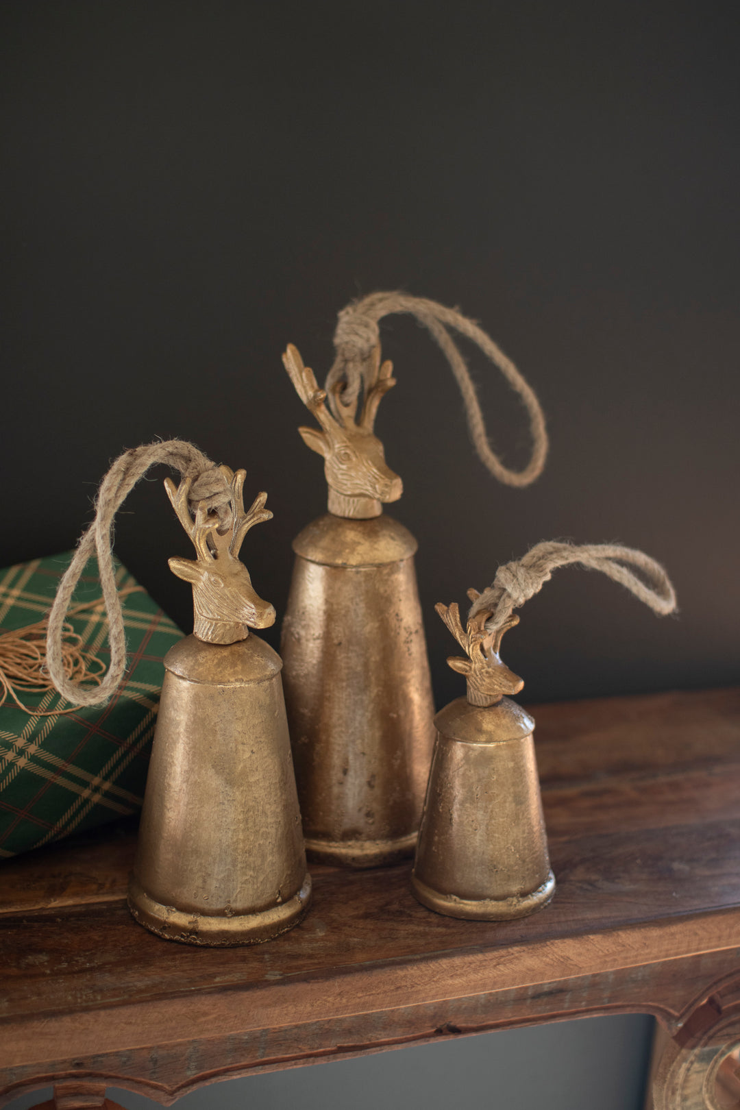 Set of 3 Antique Gold Metal Christmas Bells with Deer Finials