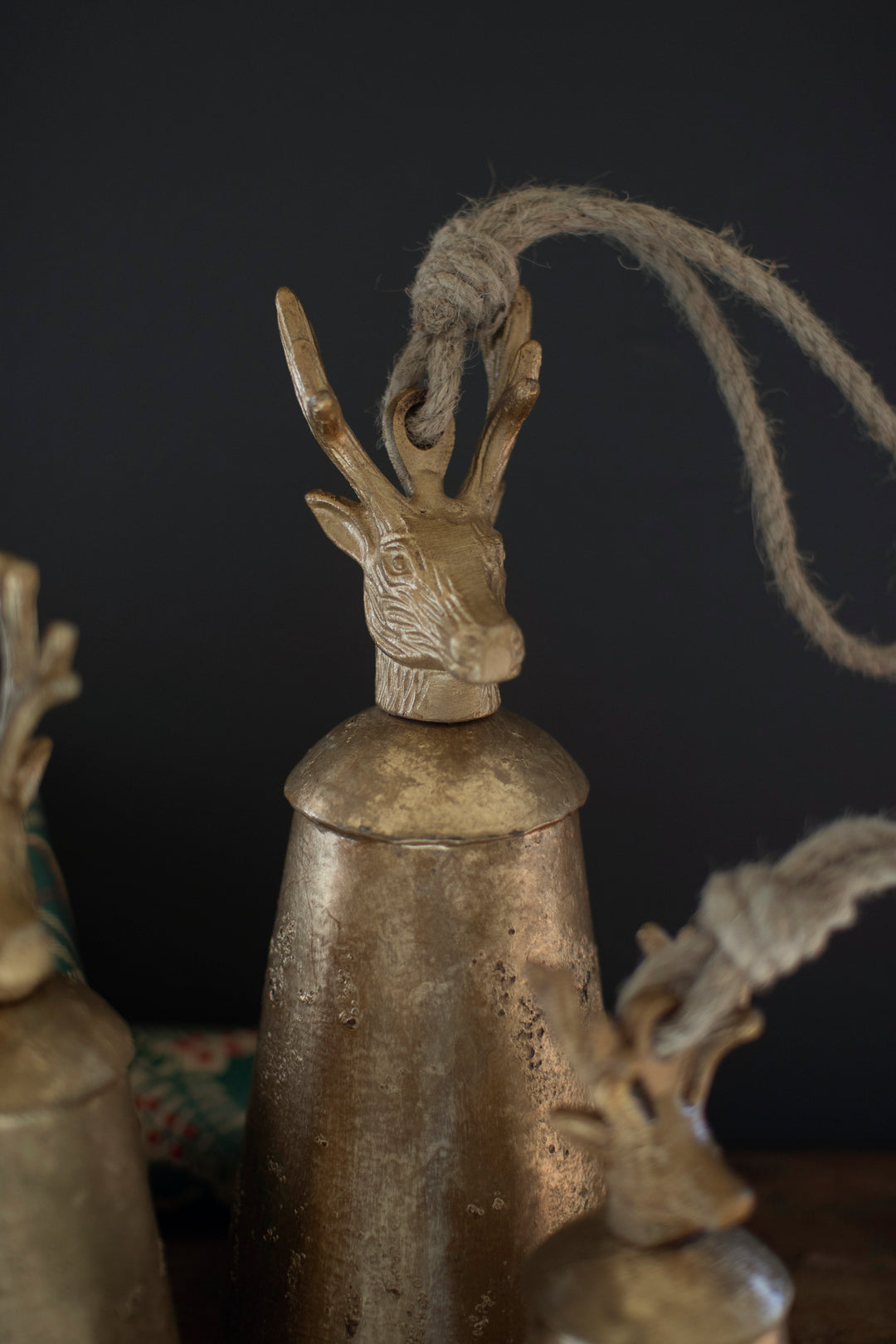 Set of 3 Antique Gold Metal Christmas Bells with Deer Finials