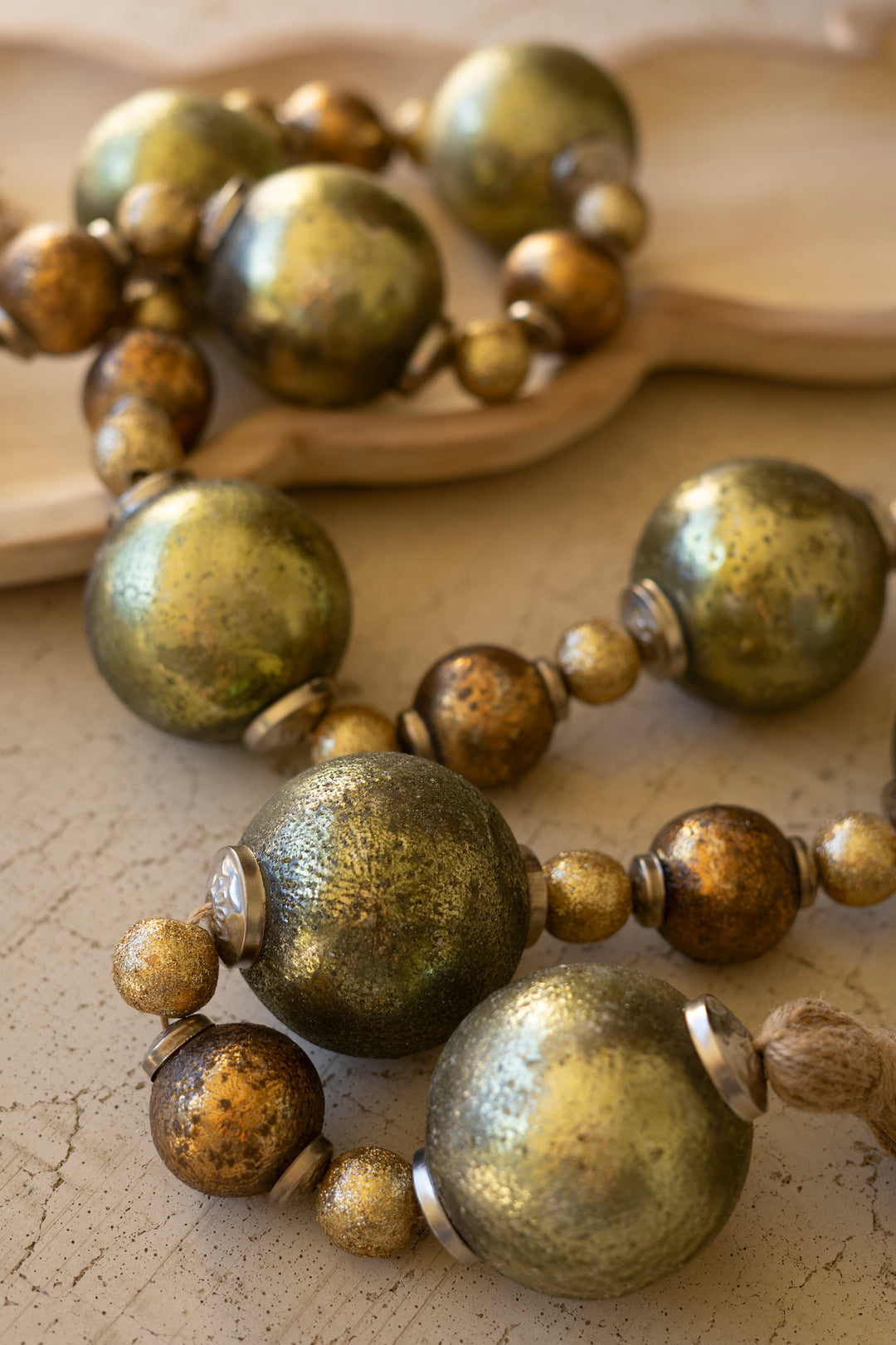 Mixed Gold Glass Christmas Ball Garland with Jute Tassels