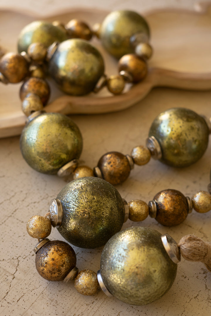 Mixed Gold Glass Christmas Ball Garland with Jute Tassels