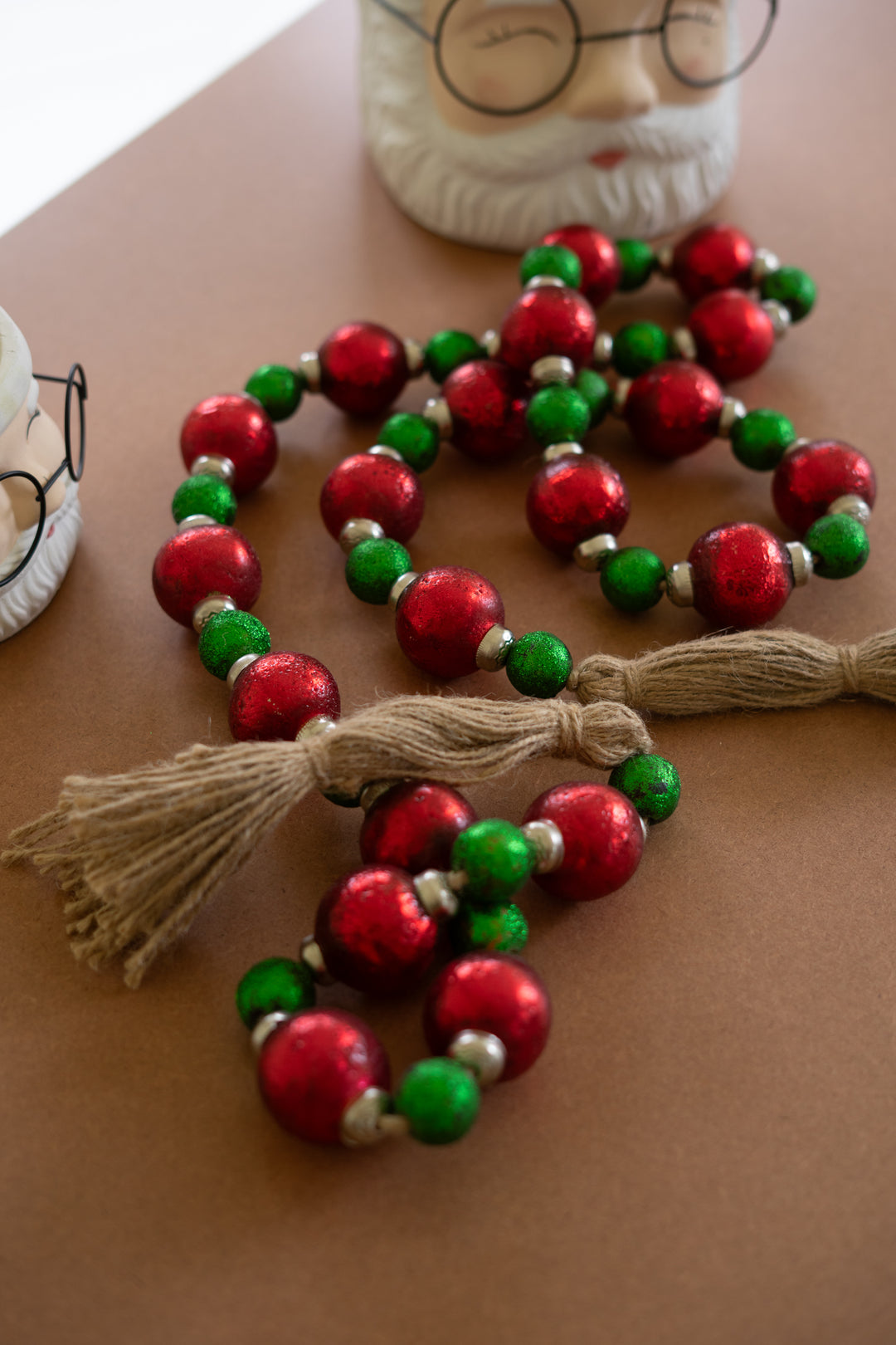 Red and Green Christmas Ball Garland with Jute Tassels