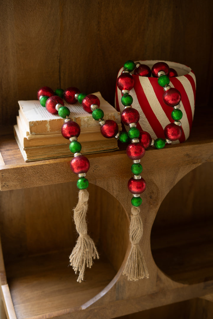 Red and Green Christmas Ball Garland with Jute Tassels