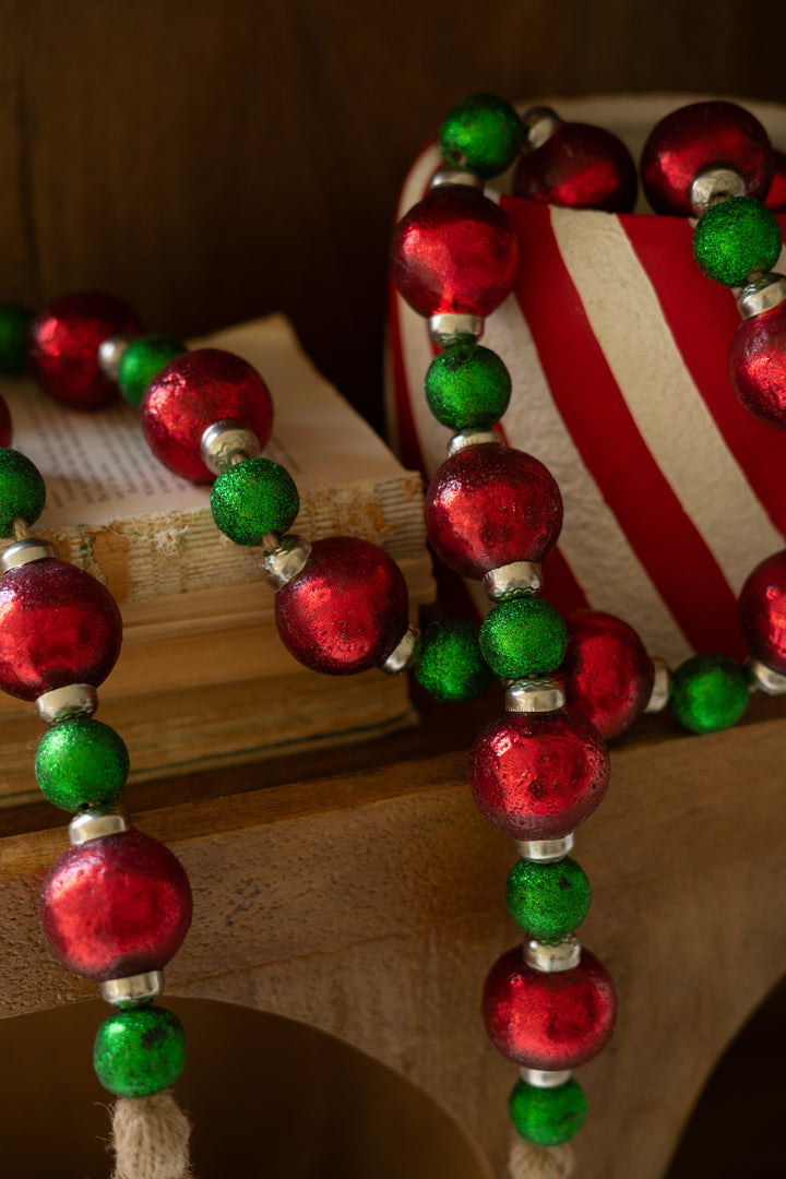 Red and Green Christmas Ball Garland with Jute Tassels