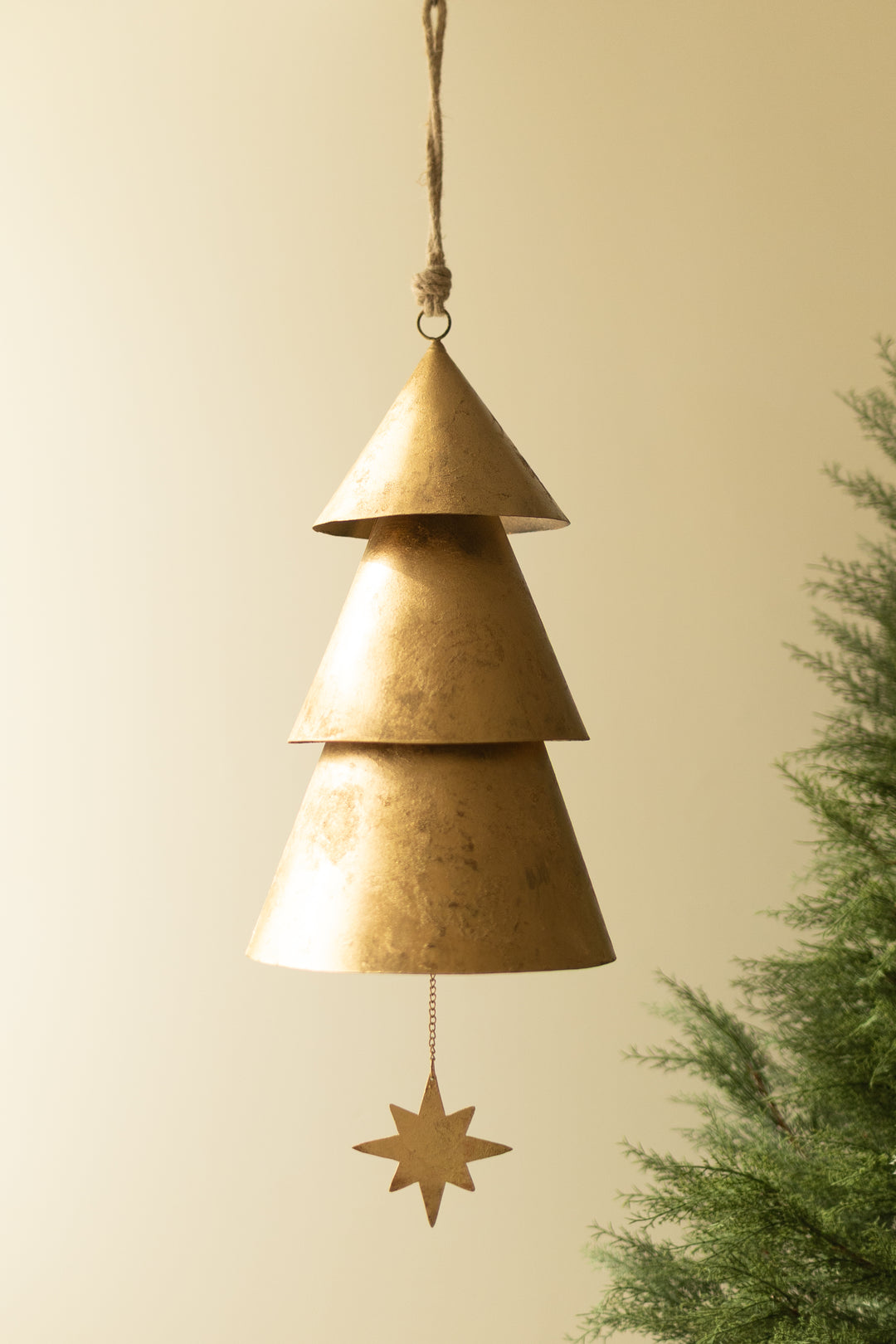 Giant Antique Gold Christmas Tree Bell with Jute Hanger