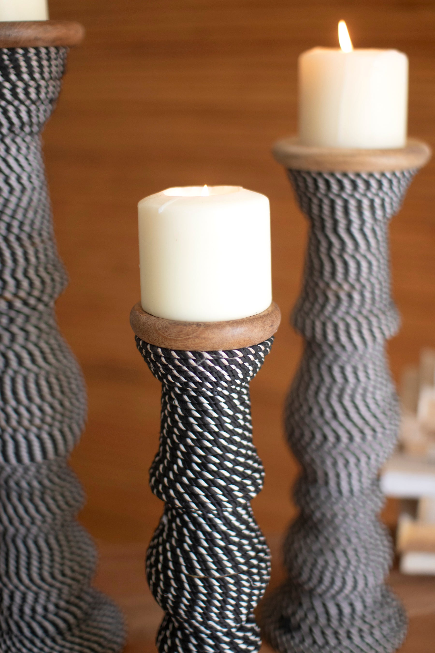 Set 3 Wooden Candle Holders Wrapped with Black & White String - Thumbnail 3