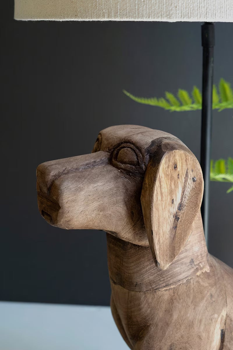 Wooden Dog Table Lamp with Fabric Shade