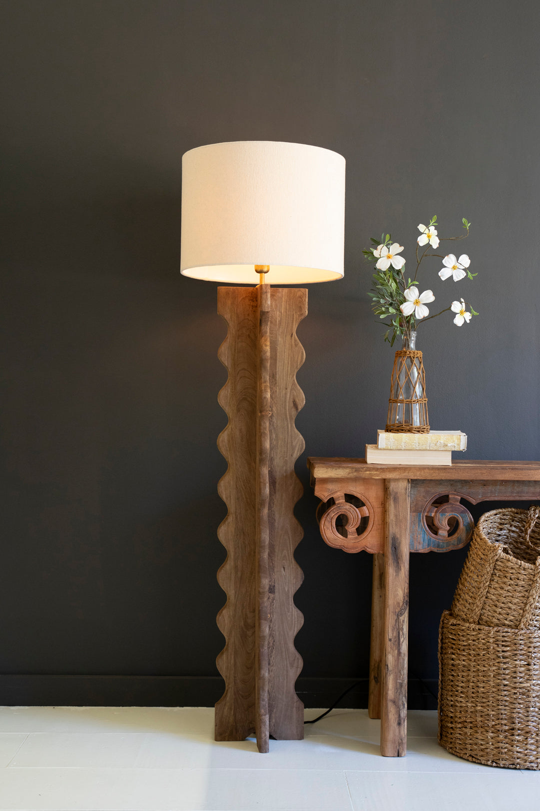 Wavy Mango Wood Floor Lamp with Fabric Shade