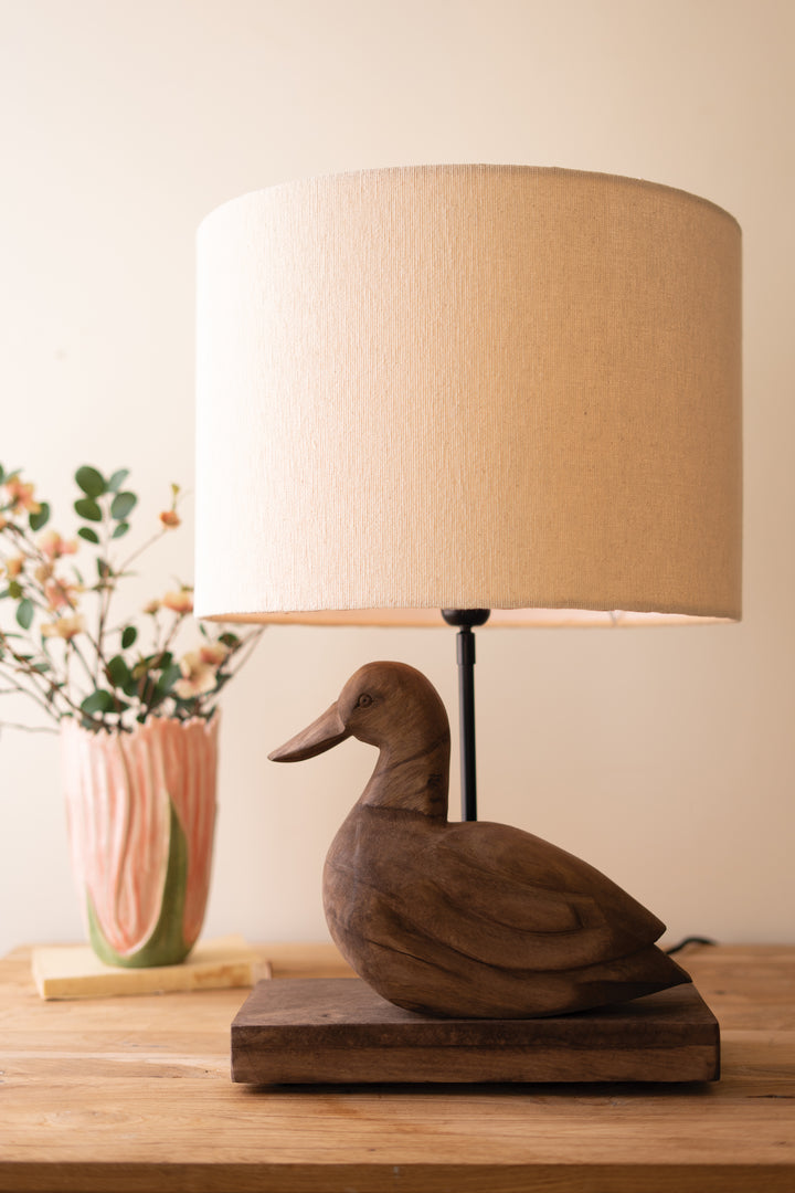 Hand-Carved Mango Wood Duck Table Lamp Base with Fabric Shade