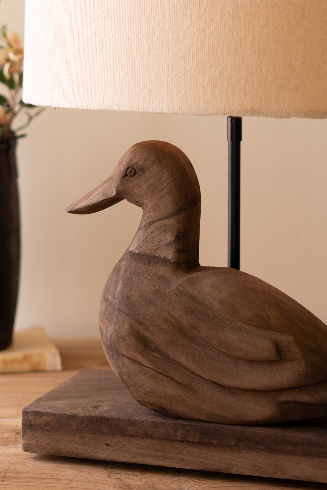 Hand-Carved Mango Wood Duck Table Lamp Base with Fabric Shade