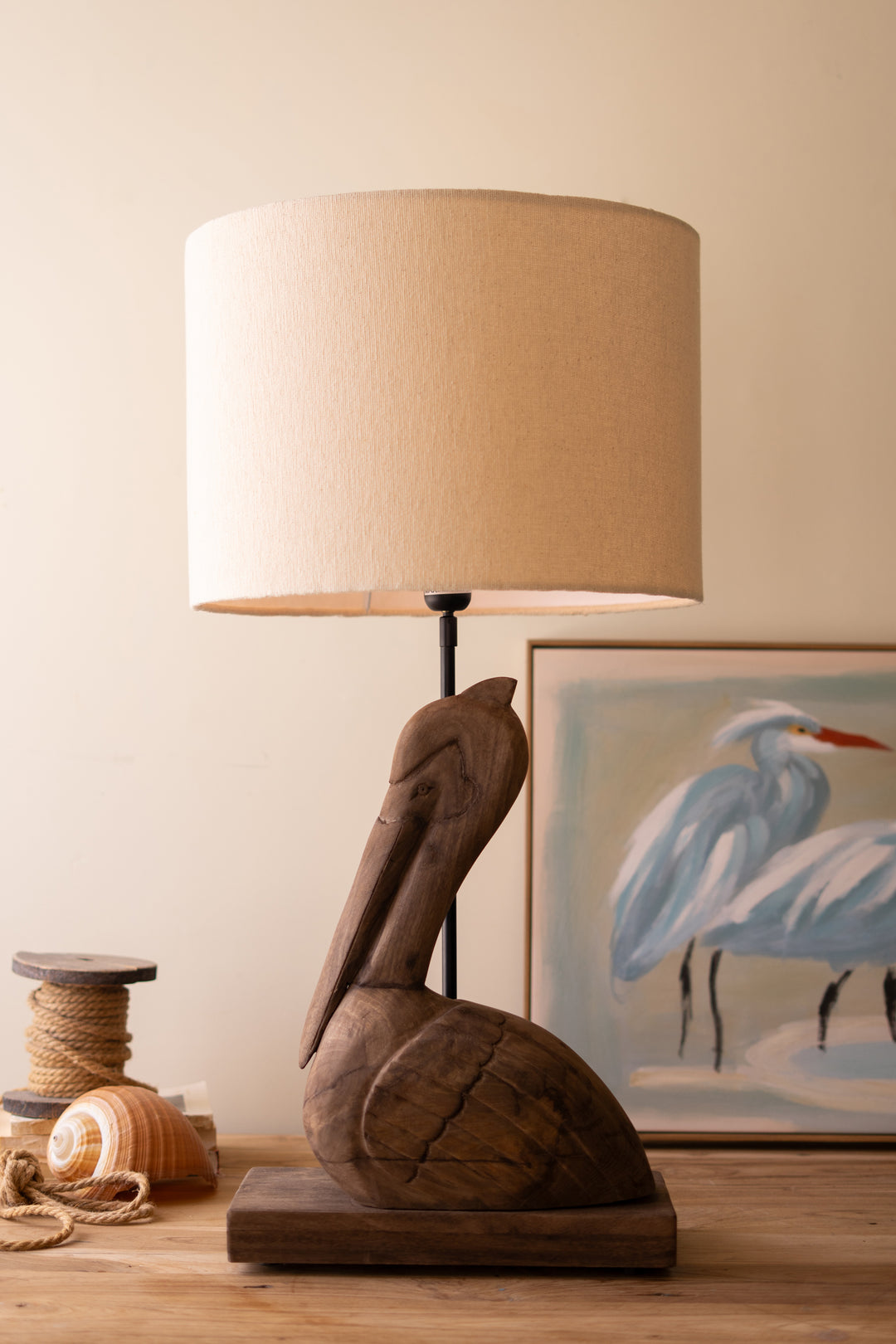 Carved Mango Wood Pelican Table Lamp Base with Fabric Shade