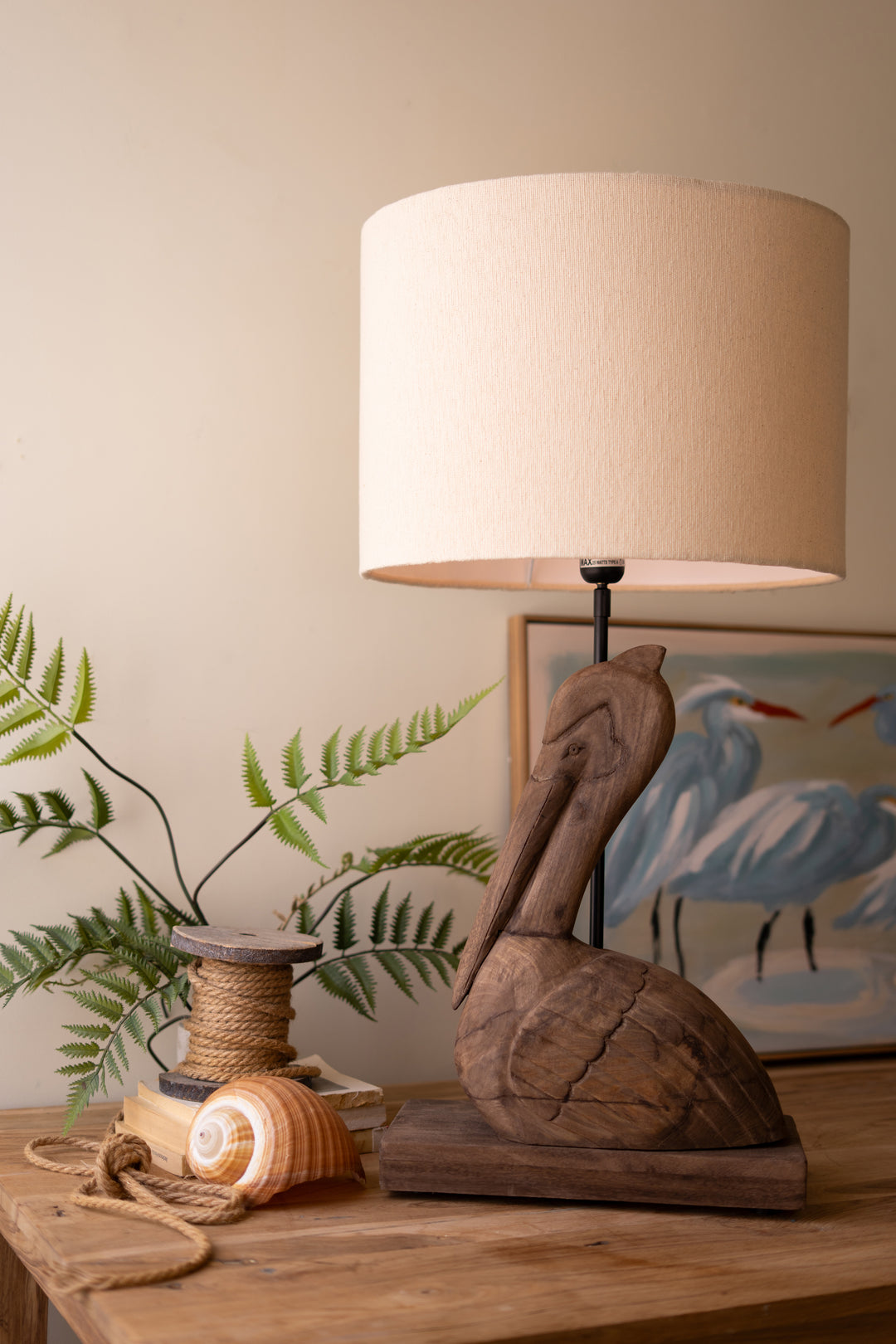 Carved Mango Wood Pelican Table Lamp Base with Fabric Shade