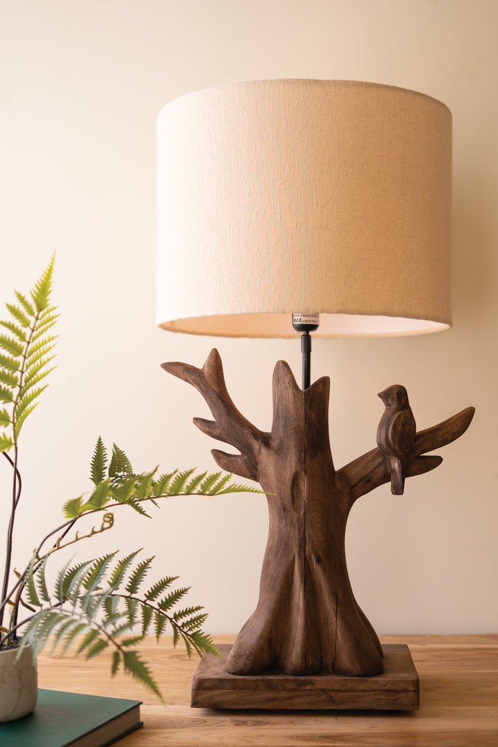 Hand-Carved Mango Wood Tree with Bird Lamp Base with Fabric Shade