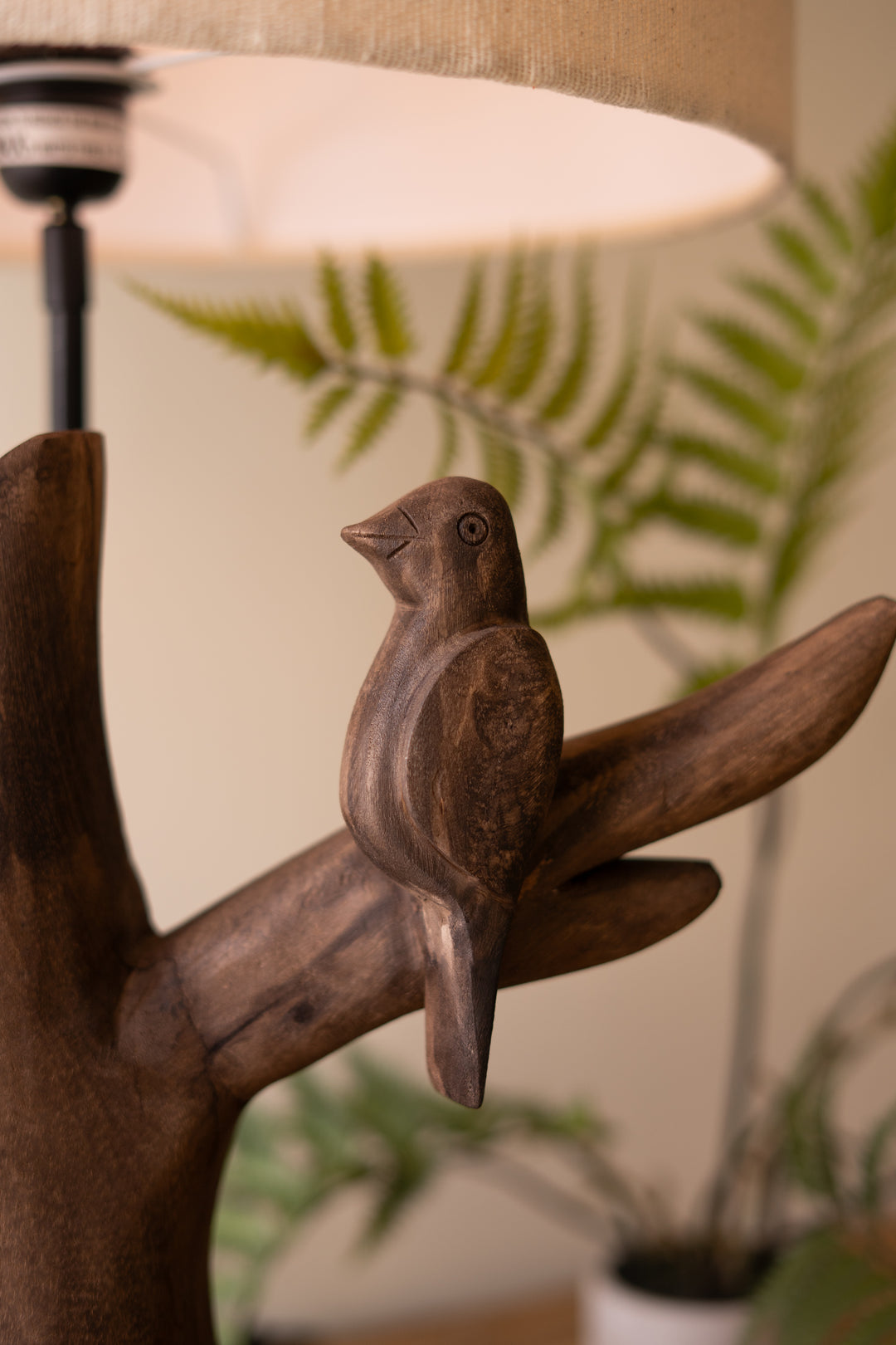 Hand-Carved Mango Wood Tree with Bird Lamp Base with Fabric Shade