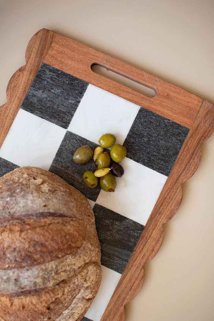 Acacia Wood and Marble Checkered Serving Board