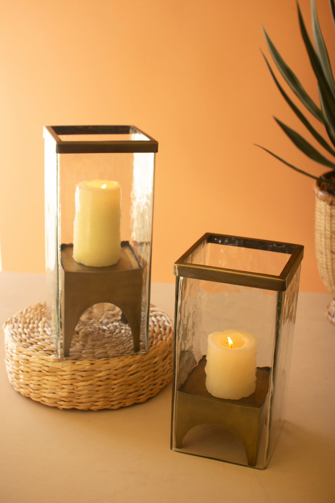 Set of 2 Square Glass Hurricanes with Antique Brass Bases