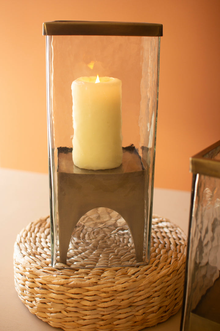 Set of 2 Square Glass Hurricanes with Antique Brass Bases