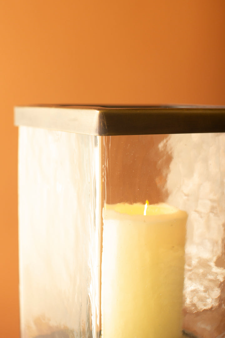 Set of 2 Square Glass Hurricanes with Antique Brass Bases